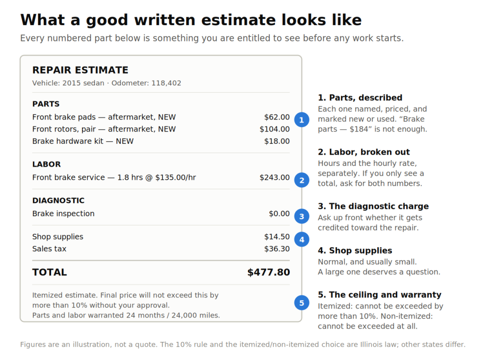 Annotated example of a written repair estimate with each section explained